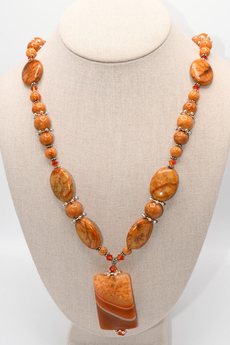 Orange Gemstone Pendant Necklace Quartz Stone Toggle Clasp Artisan 24"